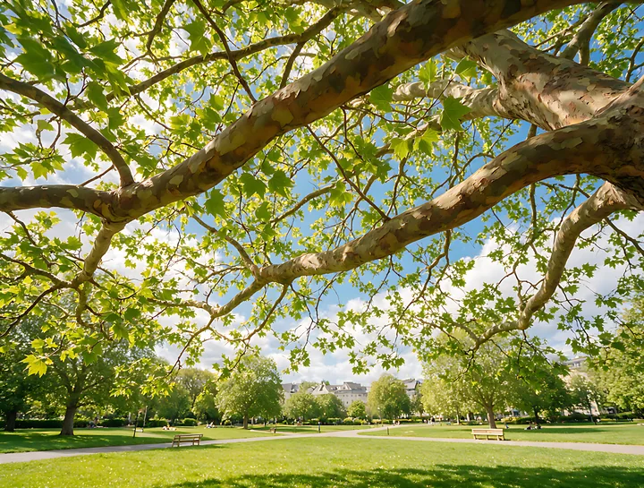 Plane trees in city park create a canopy of green leaves over benches and grassy areas.