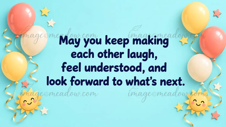A turquoise wedding greeting illustration displays a message about laughter, understanding and looking ahead, framed by pastel balloons, curled ribbons, stars a