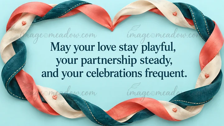 Wedding greeting illustration with the message “May your love stay playful, your partnership steady, and your celebrations frequent.” Interwoven teal, coral, an