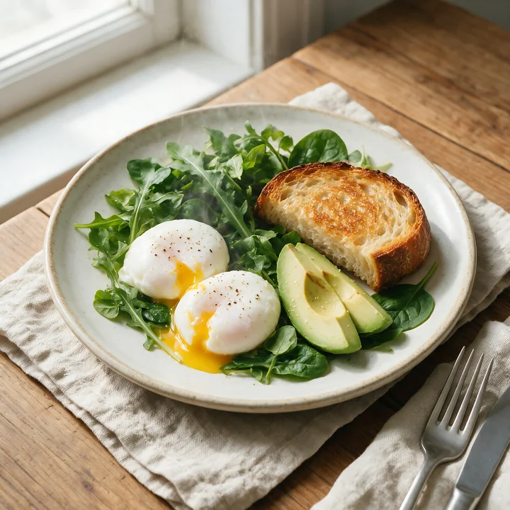 Poached eggs, greens, avocado, and toast arranged on a plate beside a window.