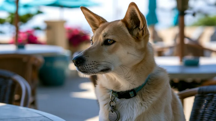 Pointed-ear dog wearing a collar sits in profile at an outdoor café with tables and umbrellas behind it.