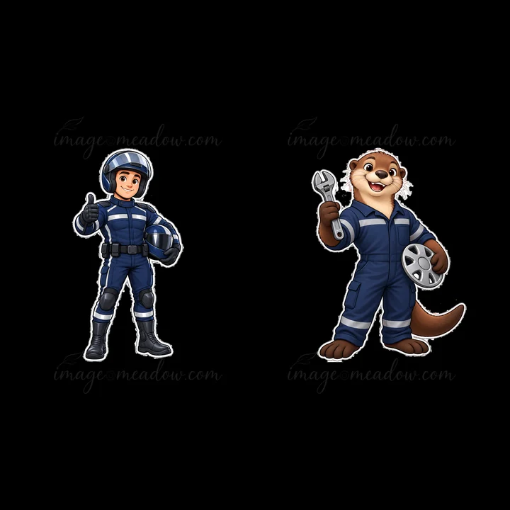 A police officer poses with a thumbs up on the left while an otter mechanic holds a wrench on the right. Both characters wear blue uniforms and convey a playful