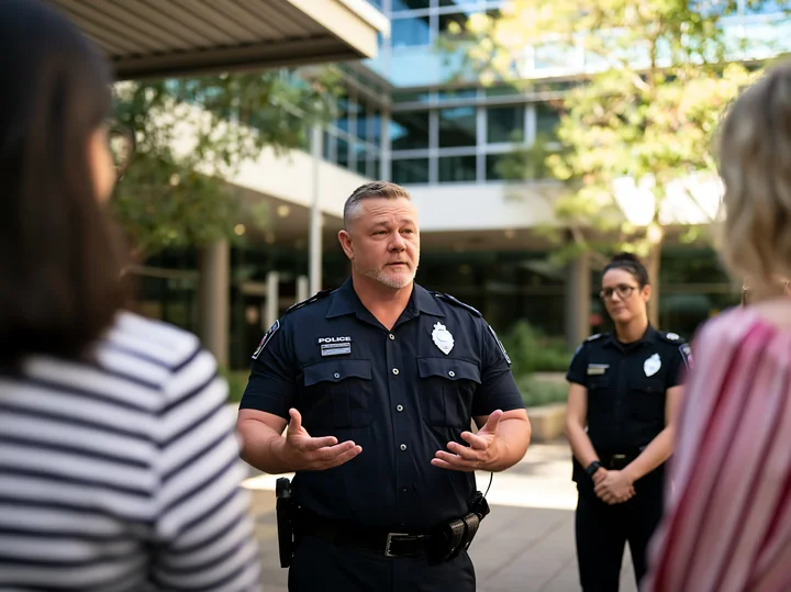 Police officer gestures while speaking with colleagues outside a modern office building.