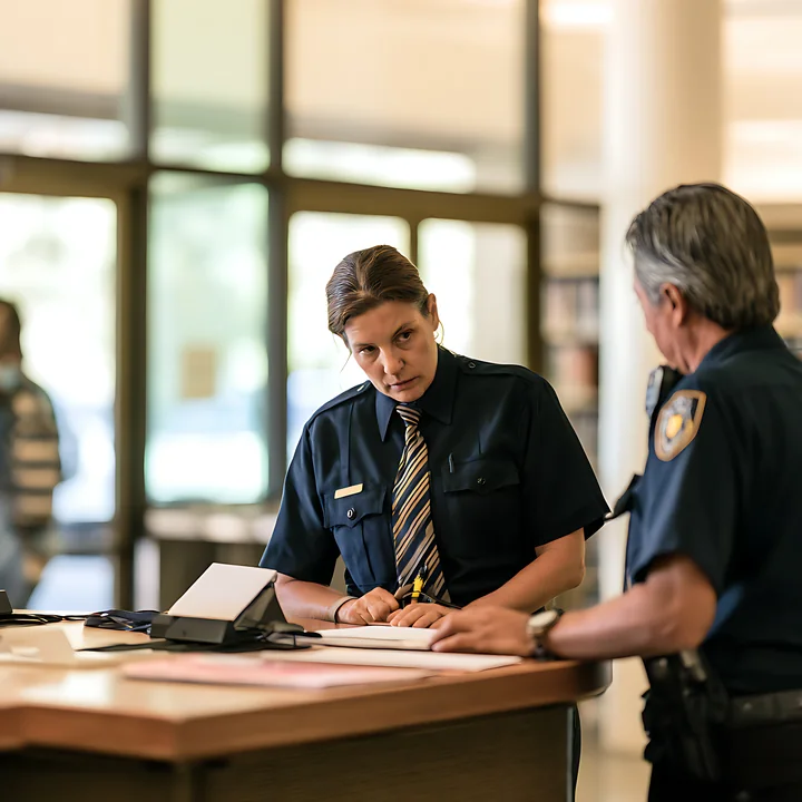 Police officers review documents together at an indoor security checkpoint desk.