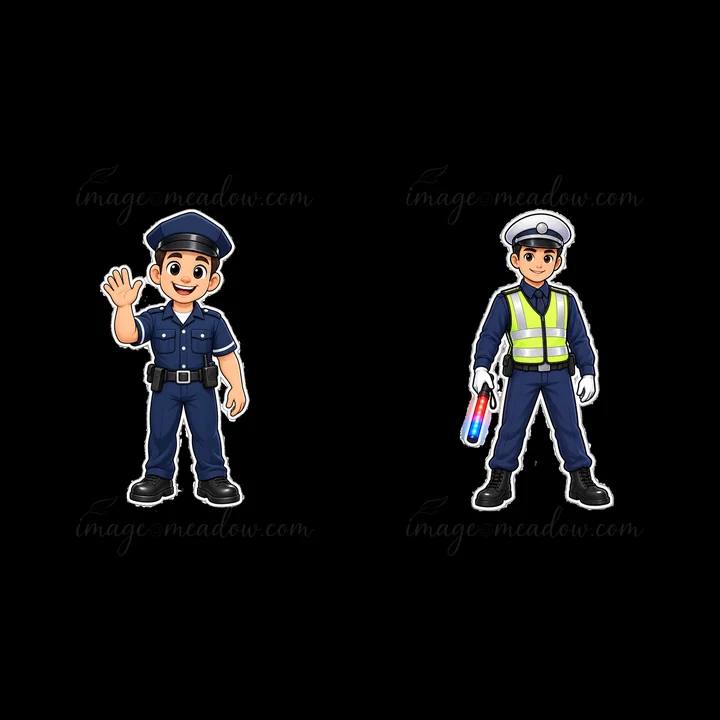 Two cartoon police officers are shown. The officer on the left waves with a friendly smile. The officer on the right holds a traffic baton, wearing a reflective