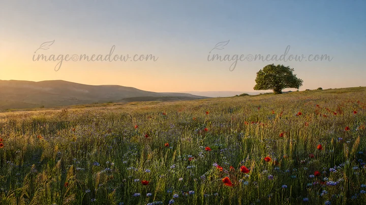 A field filled with red poppies and blue flax flowers stretches across the landscape. A solitary tree stands in the distance as the sun sets behind the hills. T