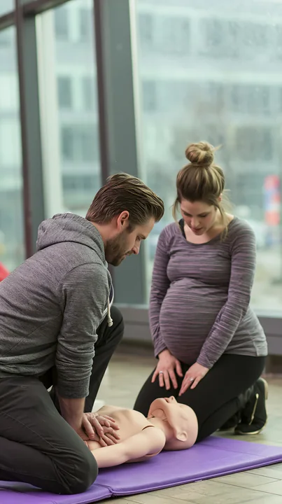 Pregnant couple practices chest compressions on an infant CPR training mannequin in a bright indoor class.