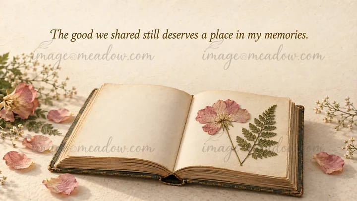 An open vintage book holds a pressed pink flower and fern beneath the message, “The good we shared still deserves a place in my memories.” Scattered petals and