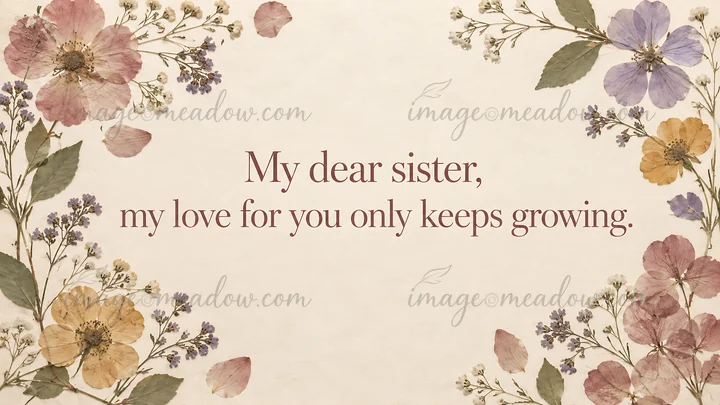 A cream textured-paper greeting features a centered burgundy serif message for a sister, framed by pressed flowers, loose petals, leaves, and delicate dried spr
