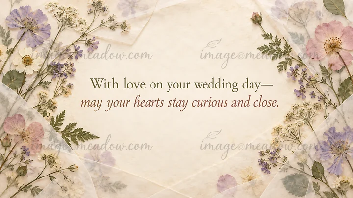 A cream paper wedding greeting framed by pressed purple and pink flowers, white blossoms, green foliage, and translucent paper layers. Centered text reads, “Wit