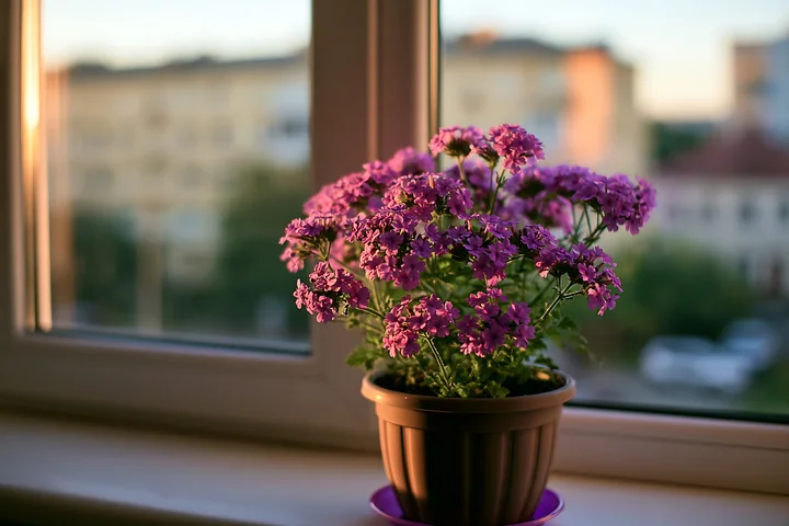 Purple verbena flowers in container rest on a windowsill with sunlight shining through.