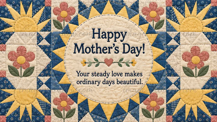 A patchwork quilt illustration frames the message “Happy Mother's Day! Your steady love makes ordinary days beautiful.” in a cream circle, surrounded by blue an