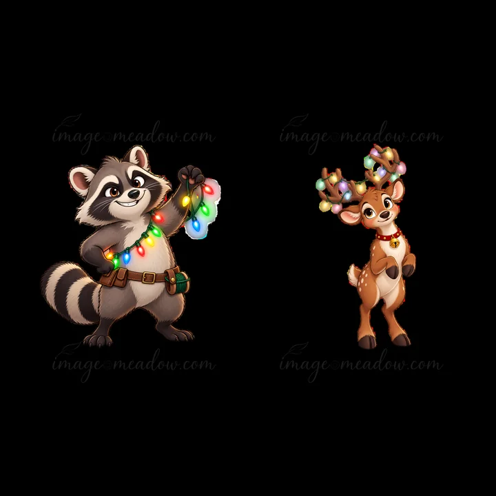 A raccoon holds colorful string lights while wearing a utility belt. Nearby, a reindeer stands with decorated antlers. Both characters show festive spirit, perf