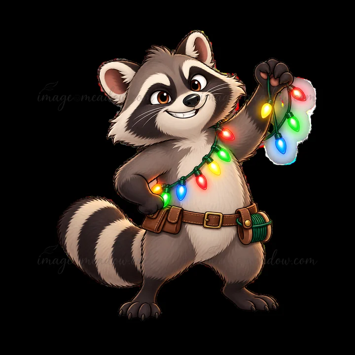 A cartoon raccoon stands confidently while holding a strand of colorful string lights. The raccoon has a happy face and wears a belt with tools, creating a fun