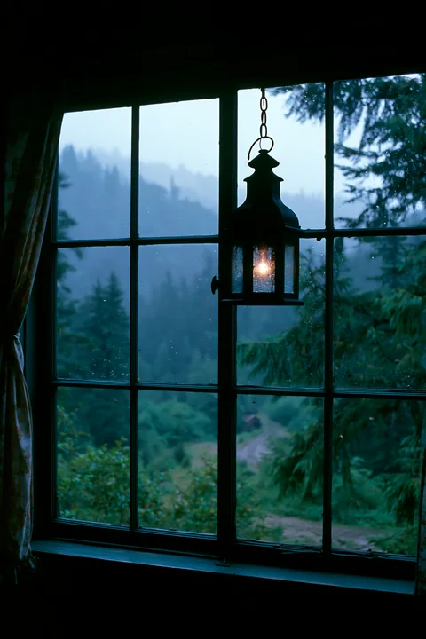 Rain falls outside a cabin window, with views of dense green trees and misty mountains.