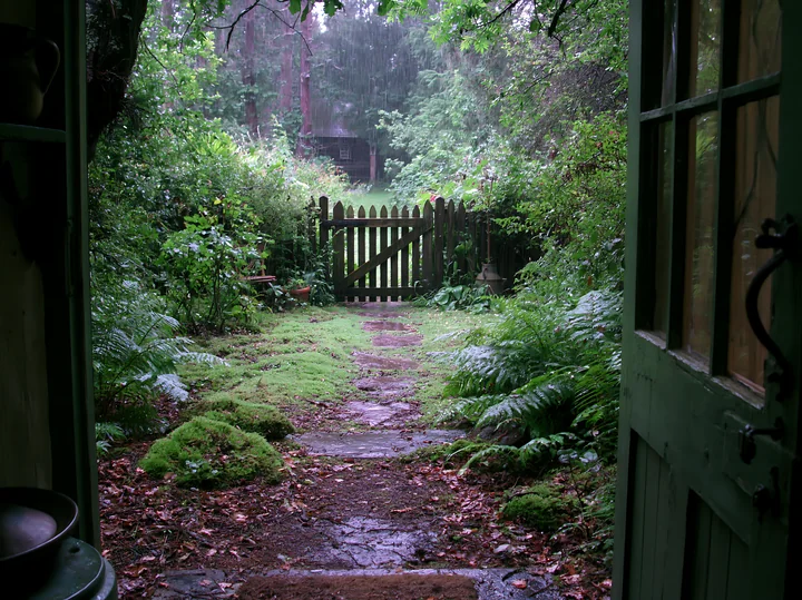 Rain falls steadily on the garden outside a timber cottage, creating puddles on the stone path.