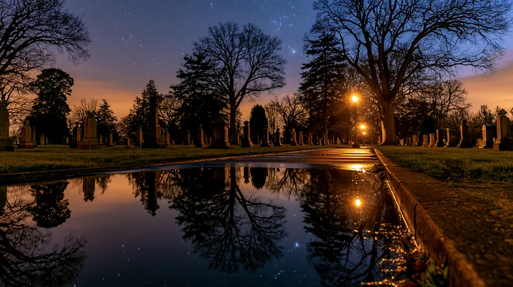 Rain-wet military gravestones under stars reflect the evening light as trees and cemetery markers fill the scene.
