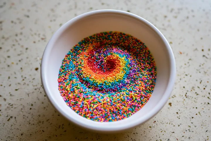 Rainbow sprinkles arranged in a swirl fill a white bowl set on a speckled countertop.