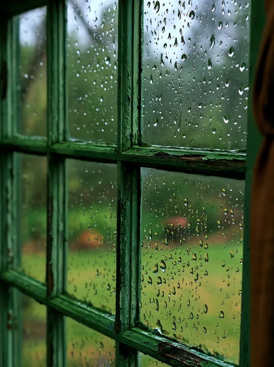Raindrops cling to a rustic window pane framed in green, showing blurred greenery outside.
