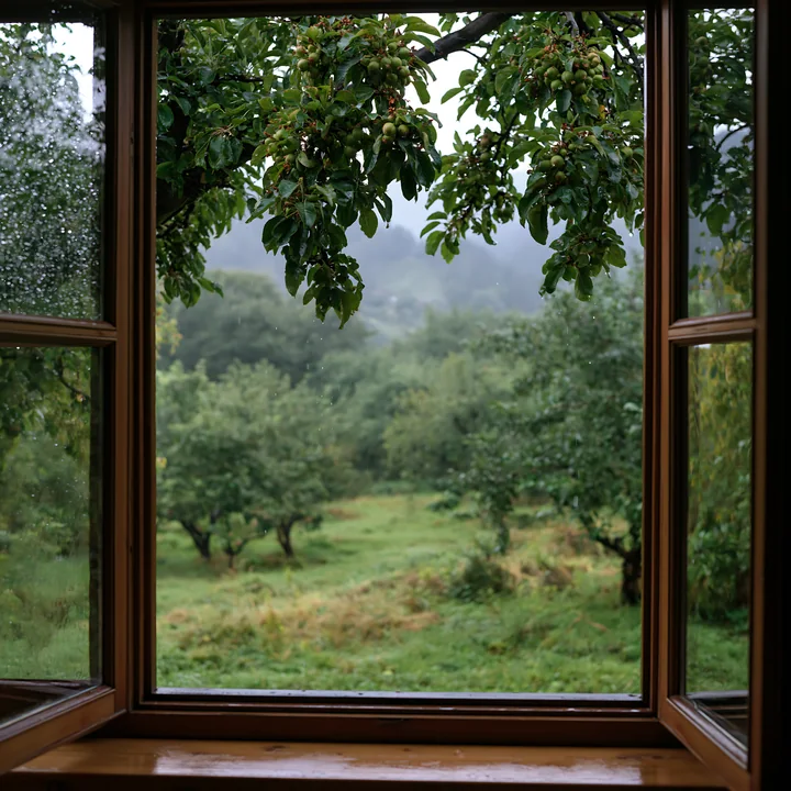 Raindrops cover the window while a green landscape with trees is visible outside.