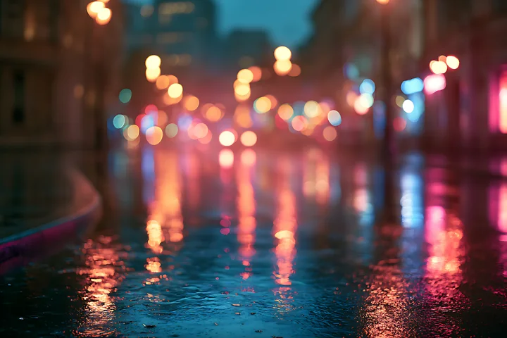 Raindrops create reflections on the wet pavement of a city street at night.