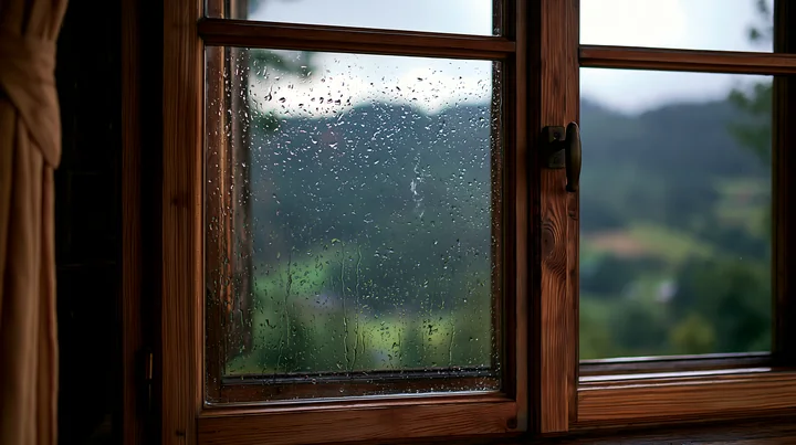 Raindrops on timber window create a clear view of blurred hills.