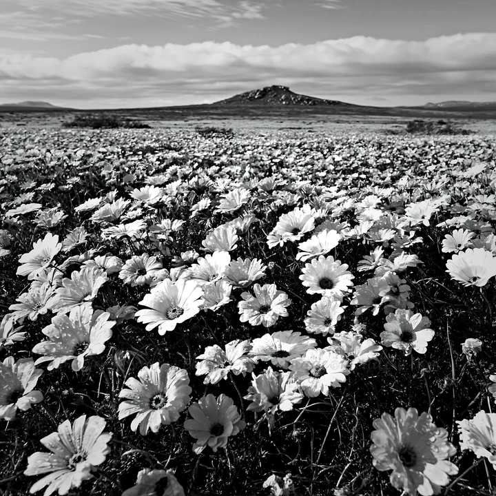 A meadow covered with vibrant orange and white wildflowers stretches across the landscape under a clear blue sky. The scene captures the freshness after rain. P