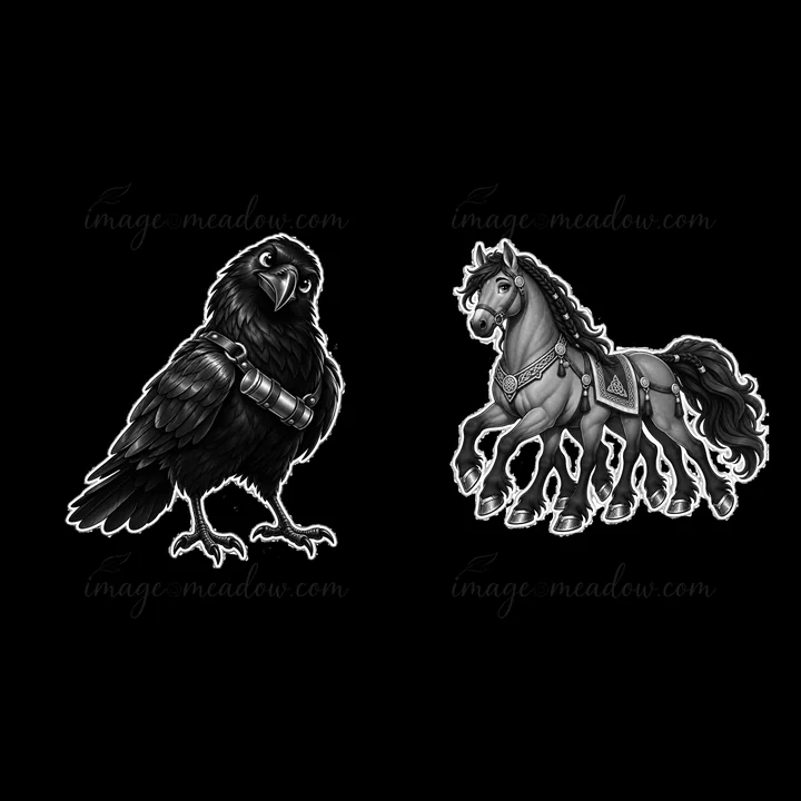 A raven with a detailed design stands on the left, while an eight-legged horse strides on the right. Both figures are black and white, showcasing distinct Norse