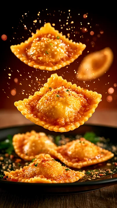 Ravioli is seen floating above a plate while sauce and herbs surround it.