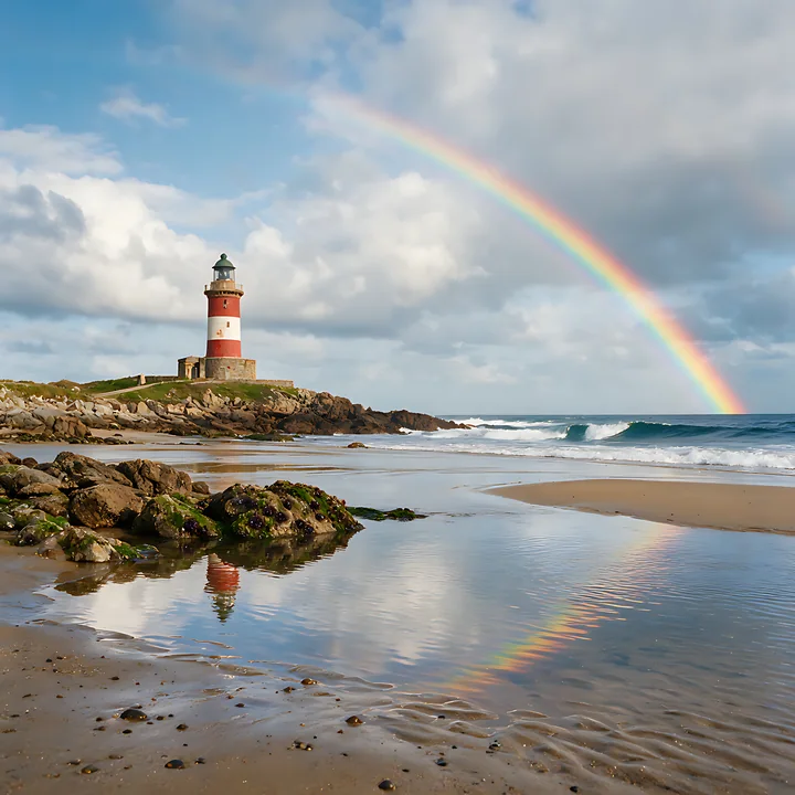 Red and white lighthouse beside a rocky ocean beach with a rainbow arching across the cloudy sky.