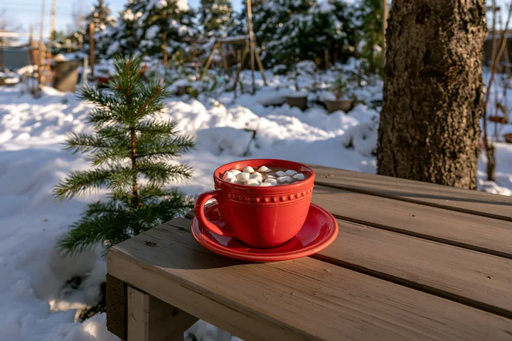 Red cup of cocoa topped with marshmallows on a wooden table beside a tree in a snowy outdoor setting.