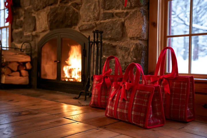 Red holiday shopping bags sit beside a glowing fireplace in a rustic room with a snowy window.