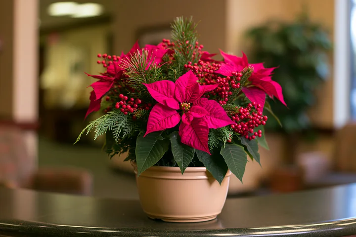 Red poinsettias, evergreen branches, and berries form a Christmas arrangement in a ceramic pot indoors.