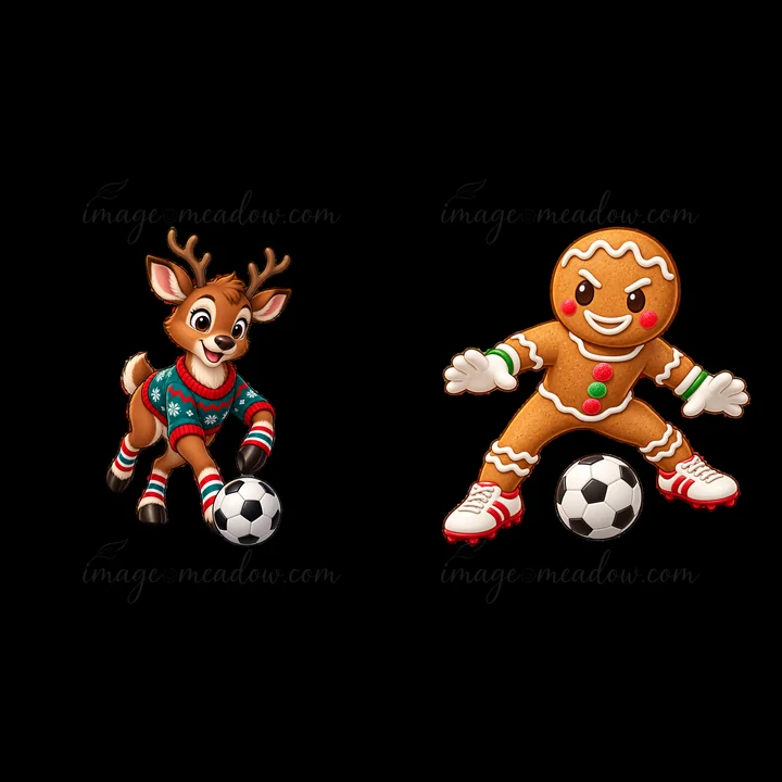 A reindeer in a festive sweater and a gingerbread man in soccer gear kick a black and white soccer ball. Both characters show excitement as they play together d
