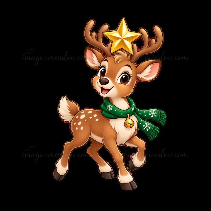 A smiling reindeer stands in a playful pose. It wears a green scarf with snowflakes and has a star on its head. A bell hangs around its neck, adding to the fest