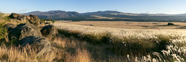 Boulders in a restored meadow with silver grass, set against mountains and a clear sky in Kumamoto. The landscape showcases a natural, open area with visible gr