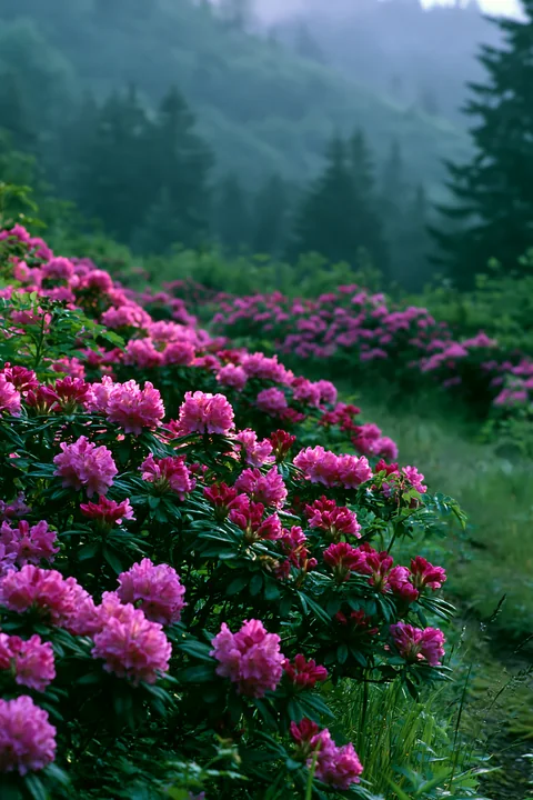Rhododendron blooming hillside features vibrant pink flowers across the landscape with trees in the background.