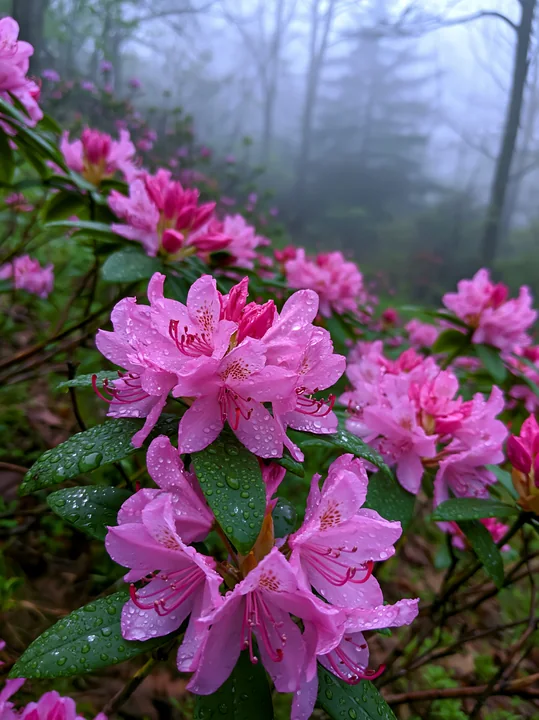 Rhododendron blooming hillside features vibrant pink flowers during a foggy day.
