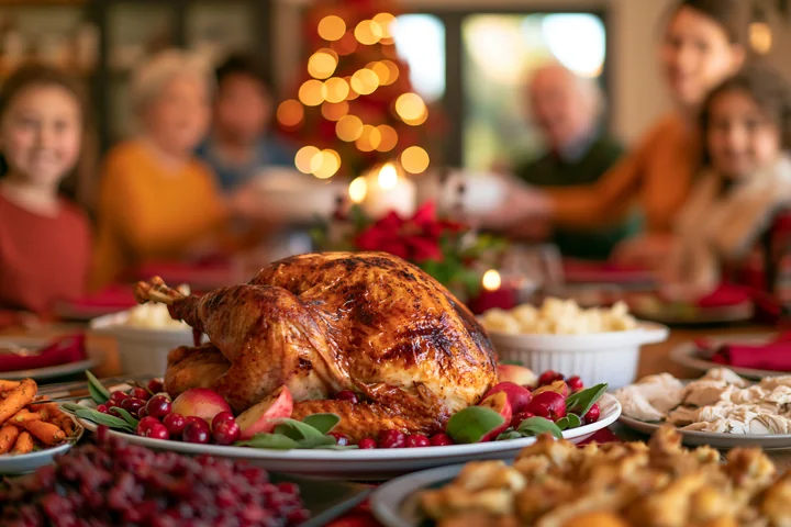 Roasted turkey on festive dining table is surrounded by various side dishes.