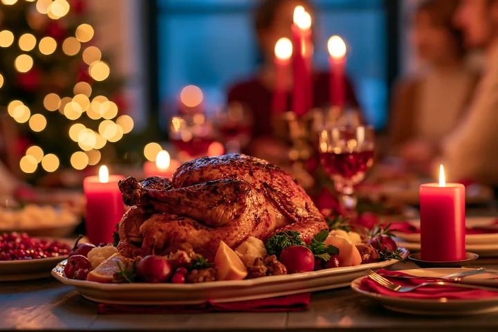 Roasted turkey sits on a festive dining table with garnishes, red candles, glassware, and warm holiday lights.