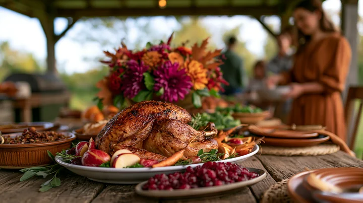 Roasted turkey surrounded by autumn produce and side dishes on a festive outdoor dining table.