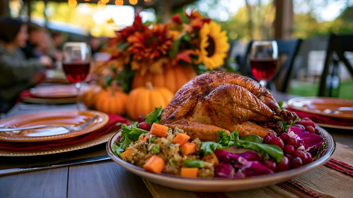 Roasted turkey surrounded by salad, stuffing, pumpkins, flowers, plates, and wine glasses on a festive dining table.