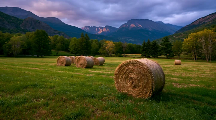 Rolling hay bales are set against a backdrop of mountains and trees in Switzerland as the golden hour light casts shadows across the field.