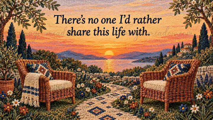 A textured woven-style illustration features the message “There’s no one I’d rather share this life with.” above two wicker chairs, a flower-lined path, a lakes