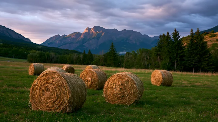 Round hay bales fill a meadow beneath rugged Swiss mountains and dramatic clouds in golden evening light.