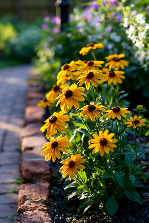 Rudbeckia flowers bloom brightly in the sunlight along a stone pathway in a garden.