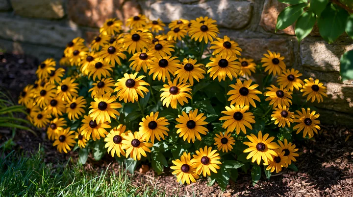 Rudbeckia flowers in sunlight display vibrant yellow petals with dark centers growing near a stone wall.