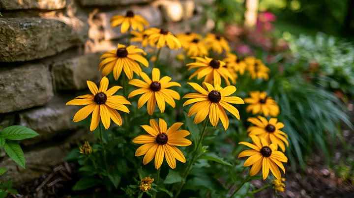 Rudbeckia flowers in sunlight grow alongside a stone wall in a garden setting.