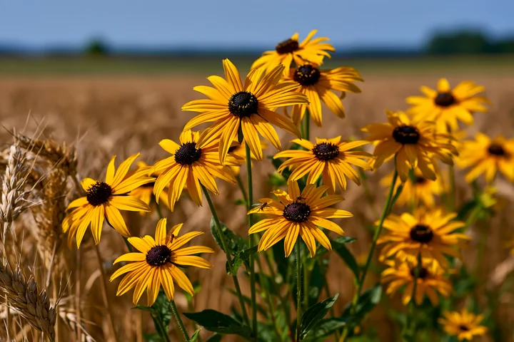 Rudbeckia flowers in sunlight stand tall among golden wheat fields.