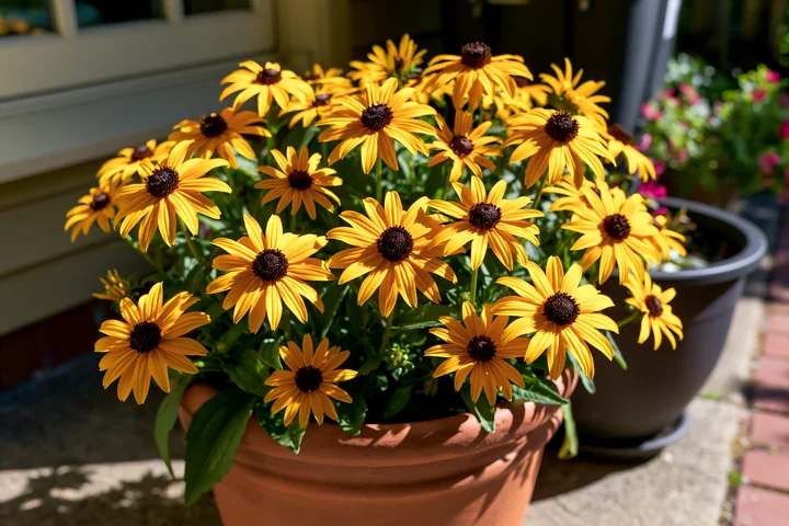 Rudbeckia flowers in sunlight stand vibrantly in a terracotta pot on a patio.
